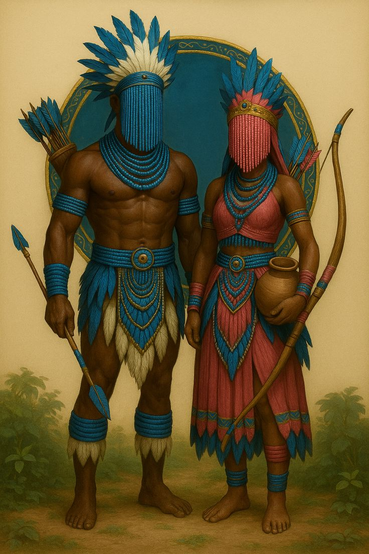 Ilustração dos Orixás Odé e Otim em arte linear